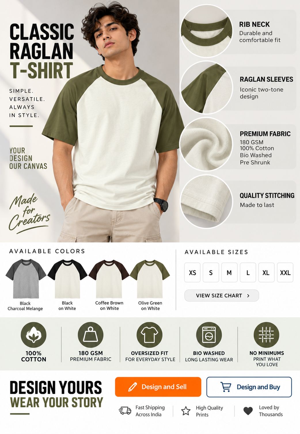 A promotional infographic for a classic raglan t-shirt, featuring a male model wearing a two-tone green and white shirt, alongside close-up detail images of the rib neck, raglan sleeves, and premium cotton fabric. The bottom section displays available colors, sizes, and key product features.