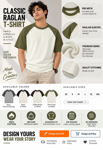 A promotional infographic for a classic raglan t-shirt, featuring a male model wearing a two-tone green and white shirt, alongside close-up detail images of the rib neck, raglan sleeves, and premium cotton fabric. The bottom section displays available colors, sizes, and key product features.