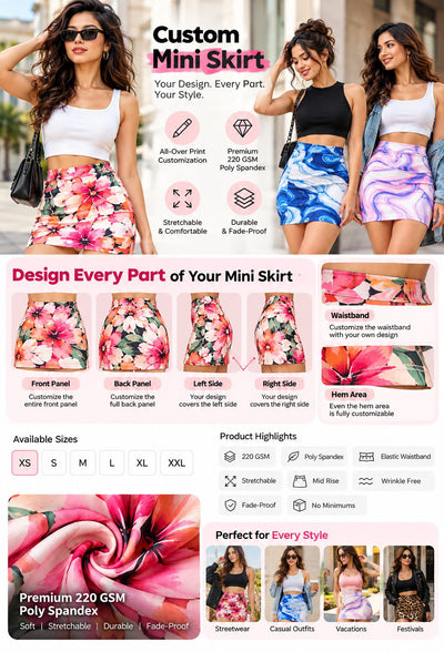 A promotional infographic for a custom mini skirt featuring three female models wearing colorful printed skirts, with text and diagrams explaining customization options, available sizes, product highlights, and sample prints. The layout is highly detailed and multi-colored.