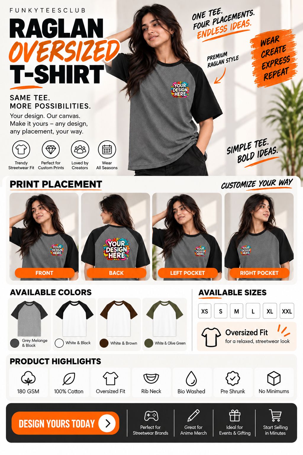 A promotional infographic for a custom oversized t-shirt from Funky Tees Club. The top section shows a woman wearing a custom graphic t-shirt, with text highlighting features like 'Raglan Oversized T-Shirt' and 'One Tee.