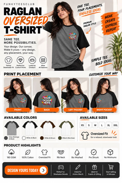 A promotional infographic for a custom oversized t-shirt from Funky Tees Club. The top section shows a woman wearing a custom graphic t-shirt, with text highlighting features like 'Raglan Oversized T-Shirt' and 'One Tee.