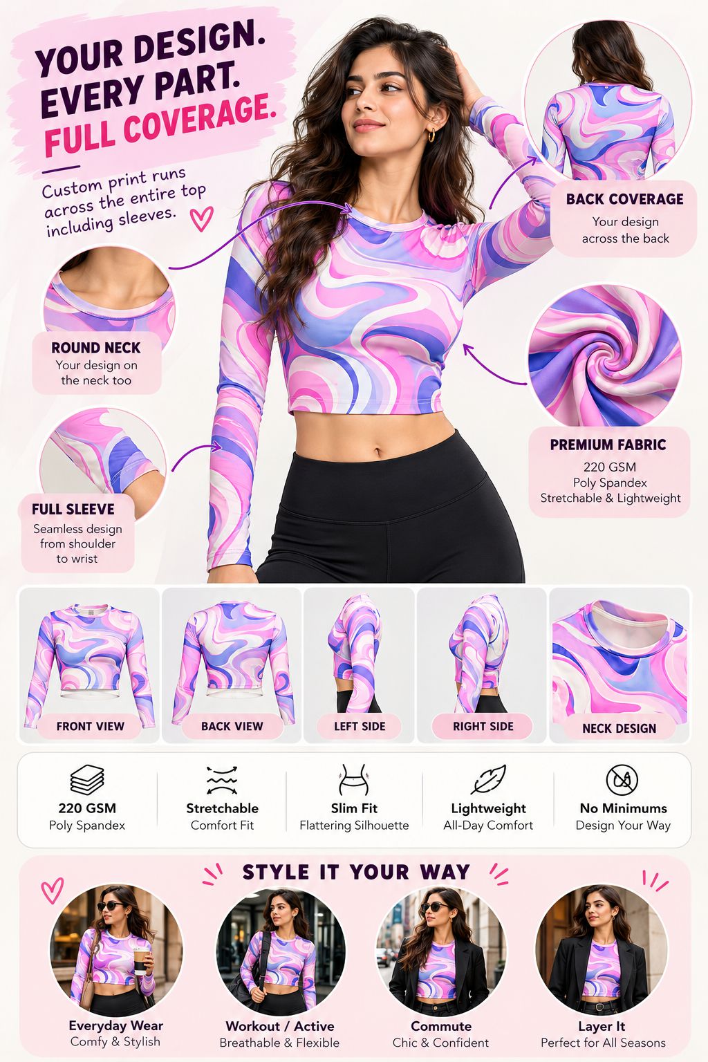 A promotional infographic for a custom printed long-sleeve athletic top, featuring a model wearing the front and back views, fabric close-ups, side views, and feature callouts on a pink background.