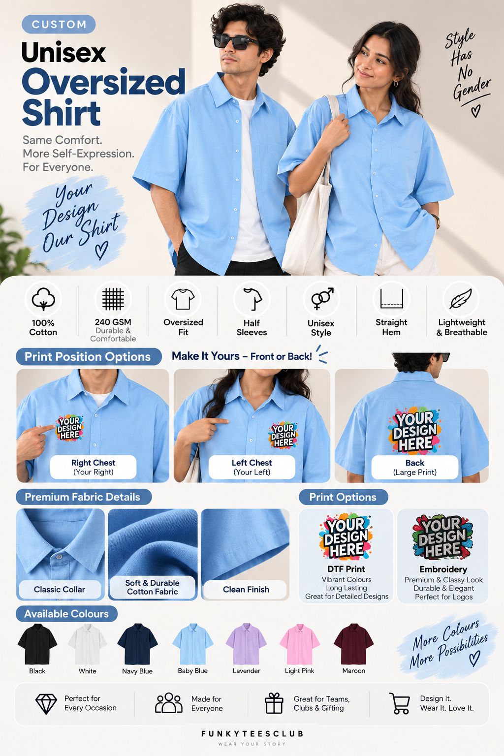 A promotional infographic for a custom unisex oversized shirt by Funkytteesclub. The top section features a man and a woman modeling light blue shirts, with text highlighting features like 'Unisex Oversized Shirt' and 'Style Has No Gender'.