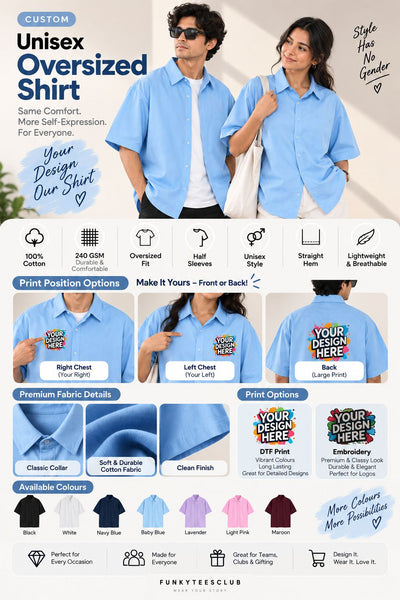 A promotional infographic for a custom unisex oversized shirt by Funkytteesclub. The top section features a man and a woman modeling light blue shirts, with text highlighting features like 'Unisex Oversized Shirt' and 'Style Has No Gender'.