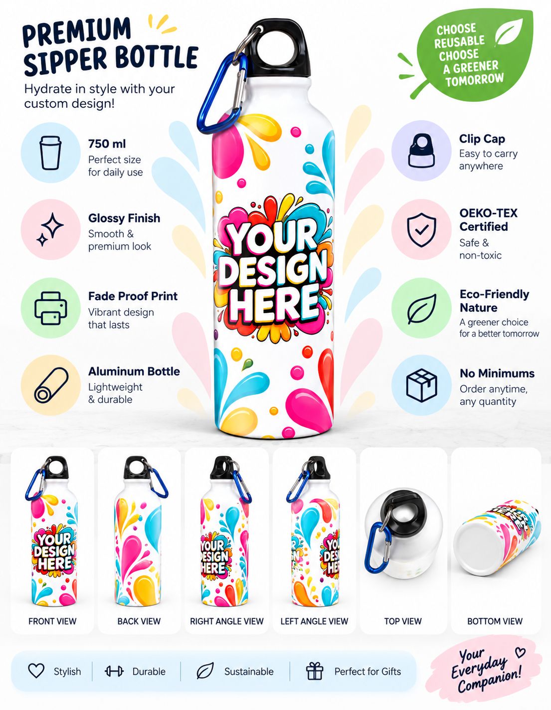 A promotional infographic for a customizable aluminum water bottle. The main bottle in the center has a vibrant multicolor abstract paint splatter design with the text 'YOUR DESIGN HERE' in white and pink.