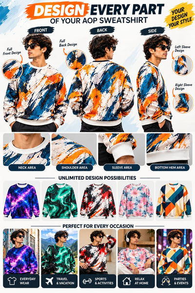 A promotional infographic for an AOP sweatshirt showing multiple front, back, and side views on a model, with close-up detail panels of the neck, shoulder, sleeve, and hem. The top section emphasizes customizable design options, and the bottom section displays several color and pattern variations including galaxy, marble, abstract, and floral prints.