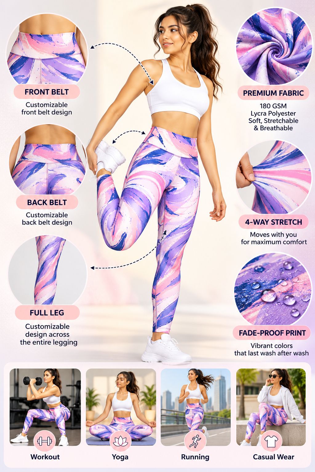 A promotional infographic for customizable printed leggings featuring a central model wearing purple and pink swirl-patterned leggings, surrounded by callout circles and text explaining front/back belt customization, stretch, fade-proof print, and fabric. Smaller lifestyle thumbnails along the bottom show the leggings in use for workouts, yoga, running, and casual wear.