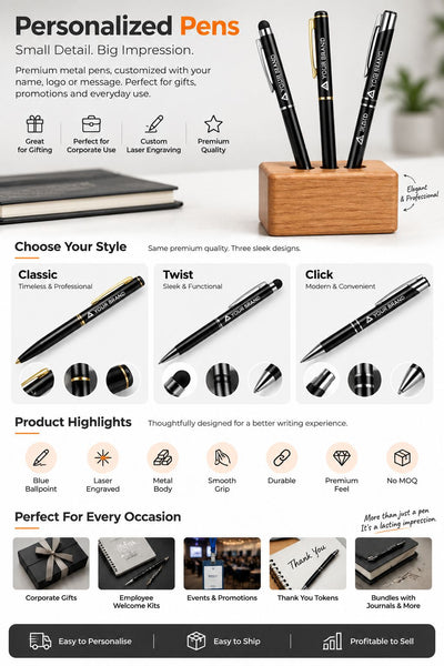 A promotional infographic for personalized metal pens, showing several black pen bodies, three pen tip styles labeled Classic, Twist, and Click, a wooden pen stand, and feature icons such as laser-engraved, metal body, smooth grip, and premium feel. The layout is clean and commercial, with text blocks and small product photos on a white background.