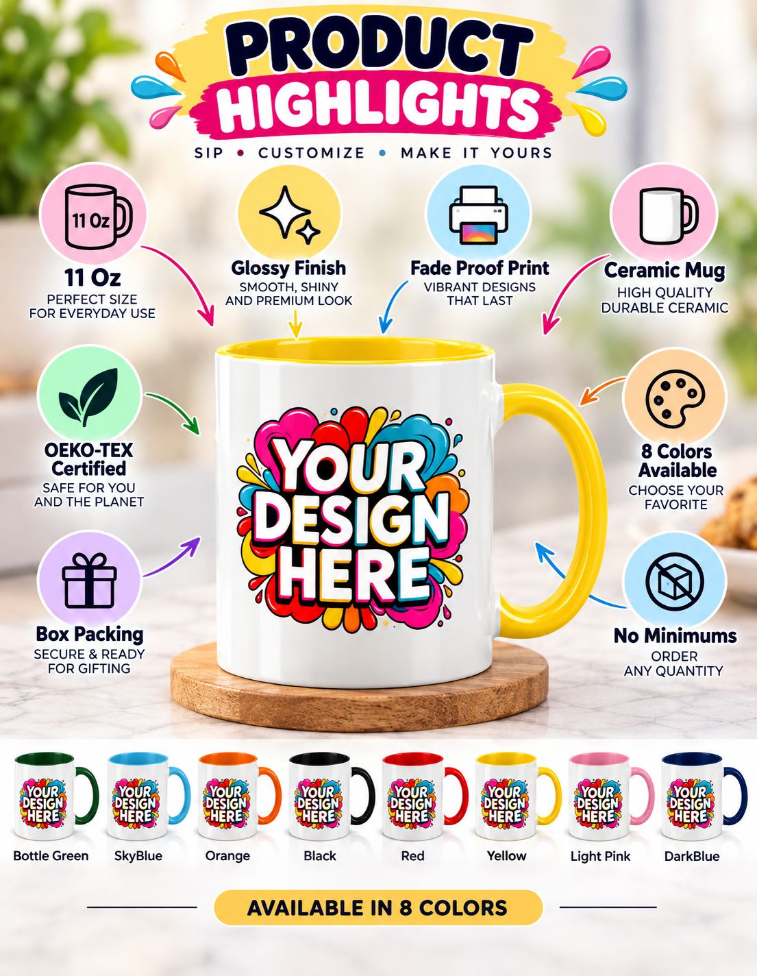 A promotional product graphic for a customizable ceramic mug. The main subject is a white mug with a yellow handle and interior, printed with colorful 'YOUR DESIGN HERE' text.