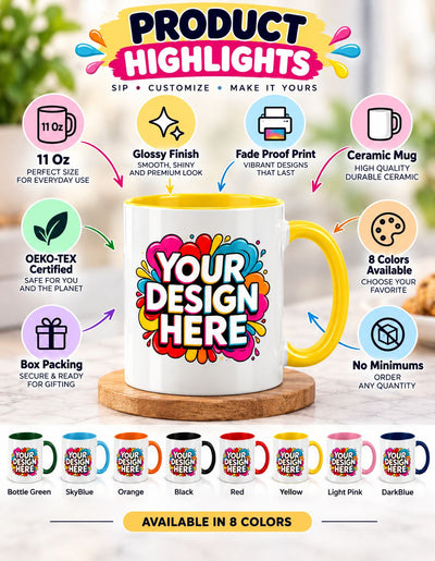 A promotional product graphic for a customizable ceramic mug. The main subject is a white mug with a yellow handle and interior, printed with colorful 'YOUR DESIGN HERE' text.