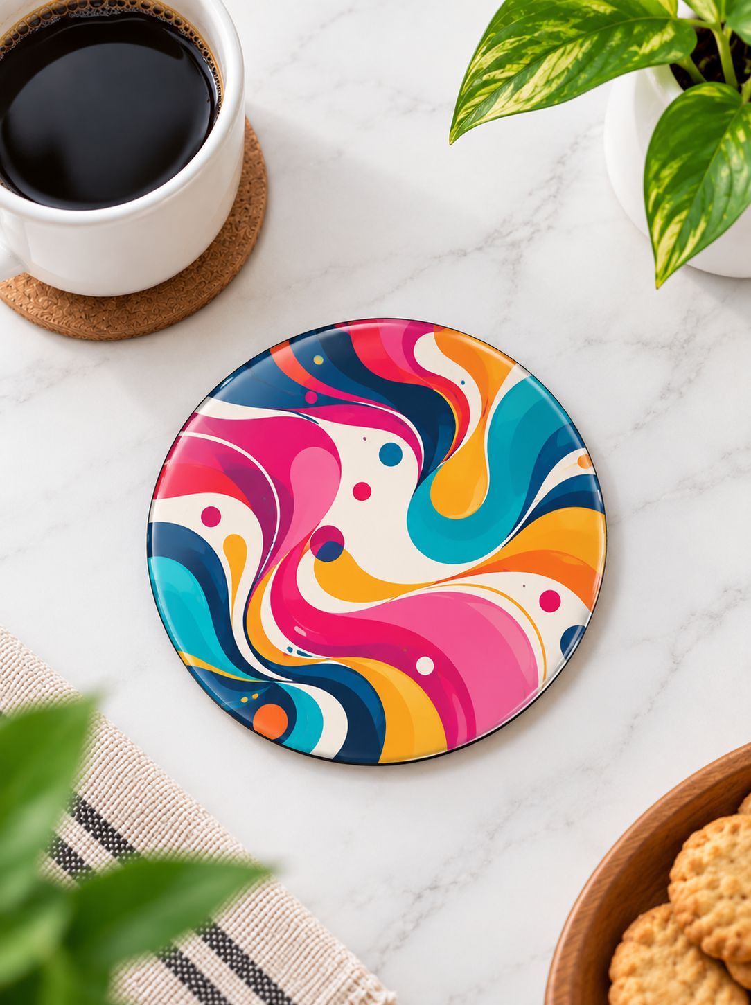A round coasters featuring a vibrant, multicolored abstract swirl pattern in pink, blue, orange, yellow, and white, styled on a white marble tabletop with a cup of coffee, a potted plant, and cookies.
