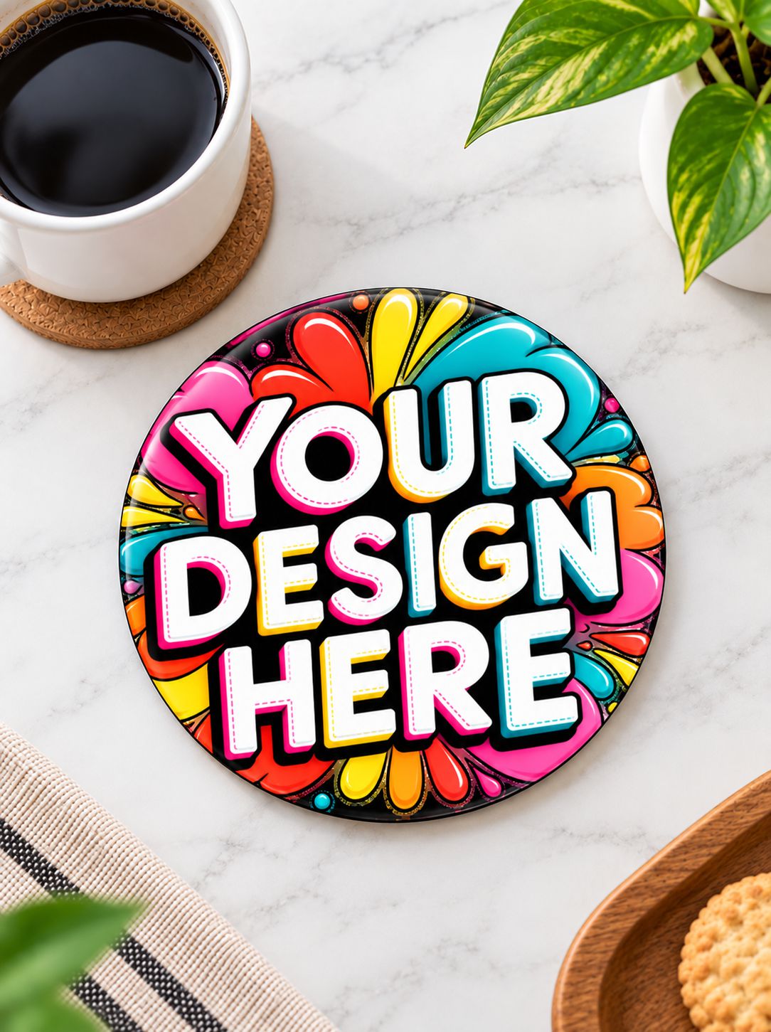 A round custom coaster with a colorful abstract floral background and the text 'YOUR DESIGN HERE' in bold white letters with pink and yellow outlines, shown on a marble surface next to a cup of coffee, a plant, and a cookie.