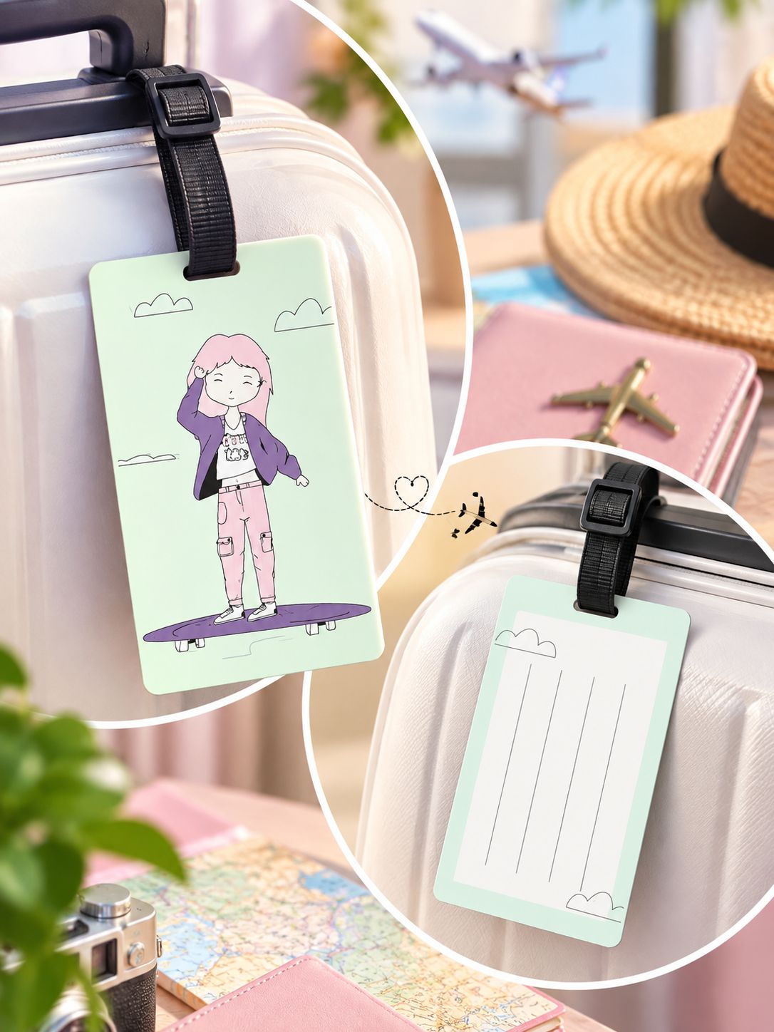 A set of luggage tags shown attached to white suitcases in a styled travel scene. One tag has a pastel mint background with a cartoon girl drawing on it, and the other blank tag shows simple line slots for personalization.