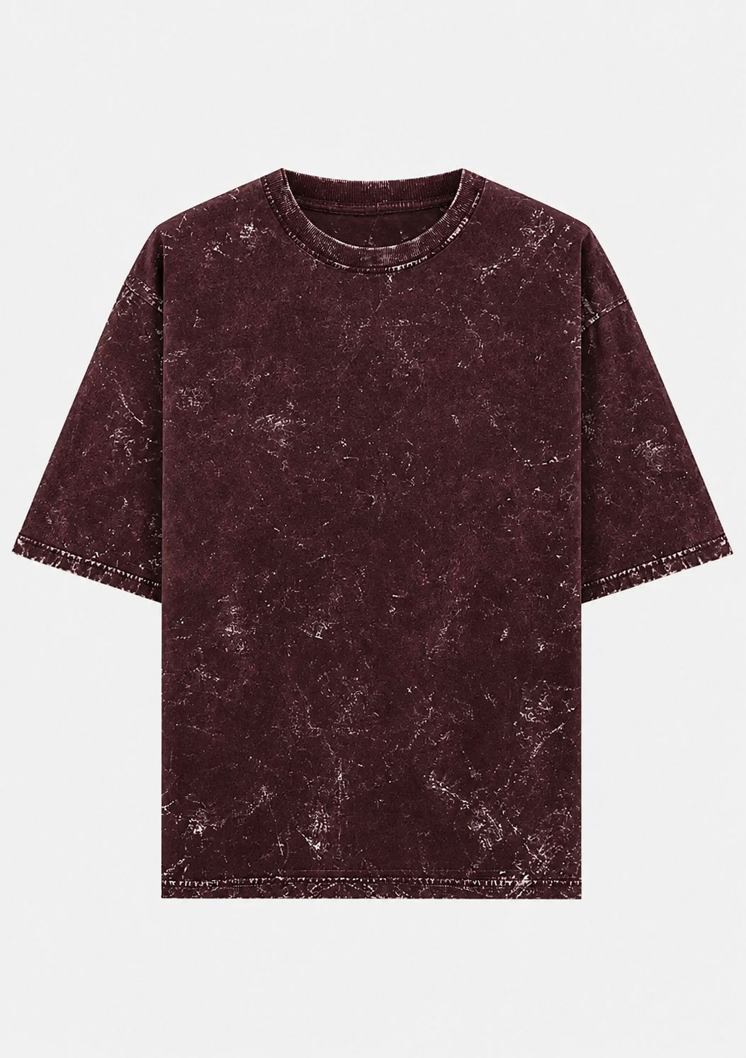 A short-sleeve crewneck t-shirt in a washed, distressed deep burgundy or maroon color, displayed flat against a light gray background.