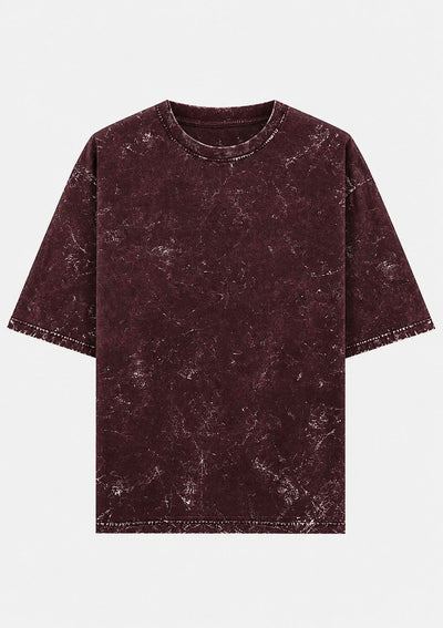 A short-sleeve crewneck t-shirt in a washed, distressed deep burgundy or maroon color, displayed flat against a light gray background.