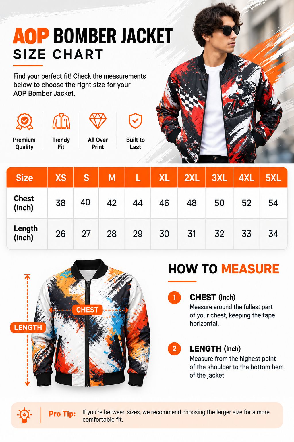 A size chart and fit guide for an AOP bomber jacket, featuring a size table from XS to 5XL with chest and length measurements, a how-to-measure section, and a model wearing the jacket on a white background with orange graphic accents.