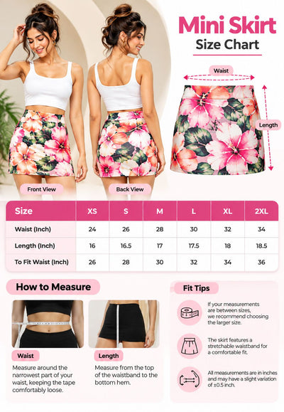 A size chart and measurement guide for a pink floral mini skirt. The chart includes front and back view models wearing the skirt, a dimension diagram showing waist and length measurements, a size table from XS to 2XL, and a 'How to Measure' section with photos and tips.