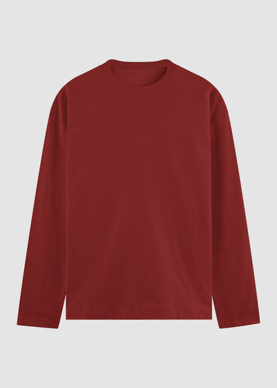 A solid dark red long-sleeve crewneck t-shirt displayed flat against a light gray background.