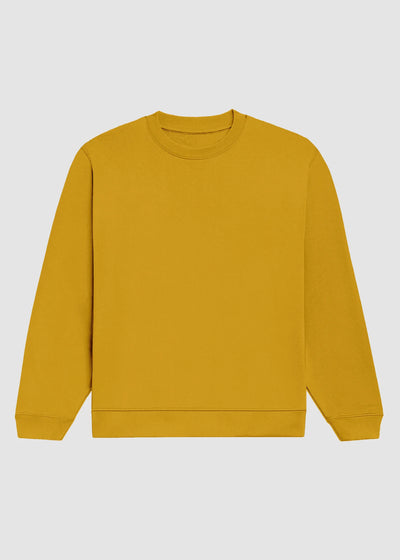 A solid mustard yellow crewneck sweatshirt with long sleeves and ribbed cuffs, collar, and hem, displayed flat against a light gray background.