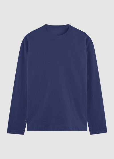 A solid navy blue long-sleeve crewneck t-shirt displayed flat against a light gray background.
