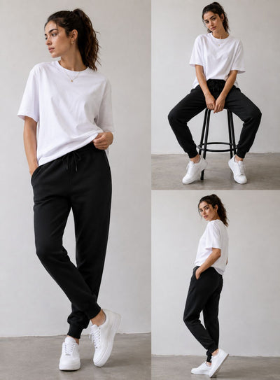 A three-panel lifestyle collage showing a woman modeling a white short-sleeve crewneck T-shirt and black jogger sweatpants with white sneakers against a minimalist light gray studio background.