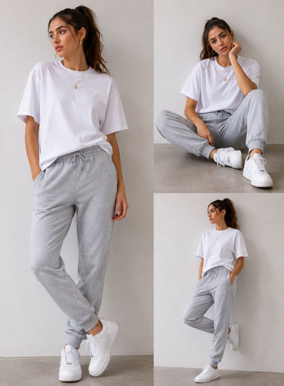 A three-panel lifestyle collage showing a woman modeling a white short-sleeve t-shirt and light gray jogger sweatpants with white sneakers against a plain light gray wall.