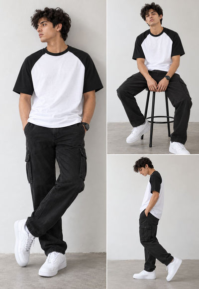 A three-panel lifestyle photo of a man modeling a black and white raglan t-shirt, black cargo pants, and white sneakers against a minimalist light gray studio background.