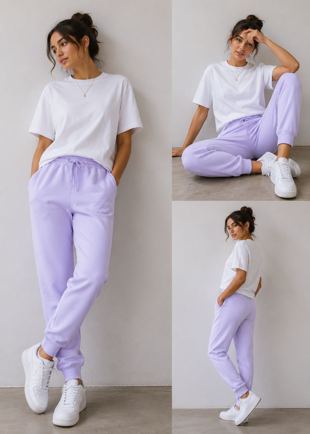 A three-panel lifestyle photo of a woman modeling lavender jogger sweatpants with a white t-shirt and white sneakers against a neutral light gray wall.