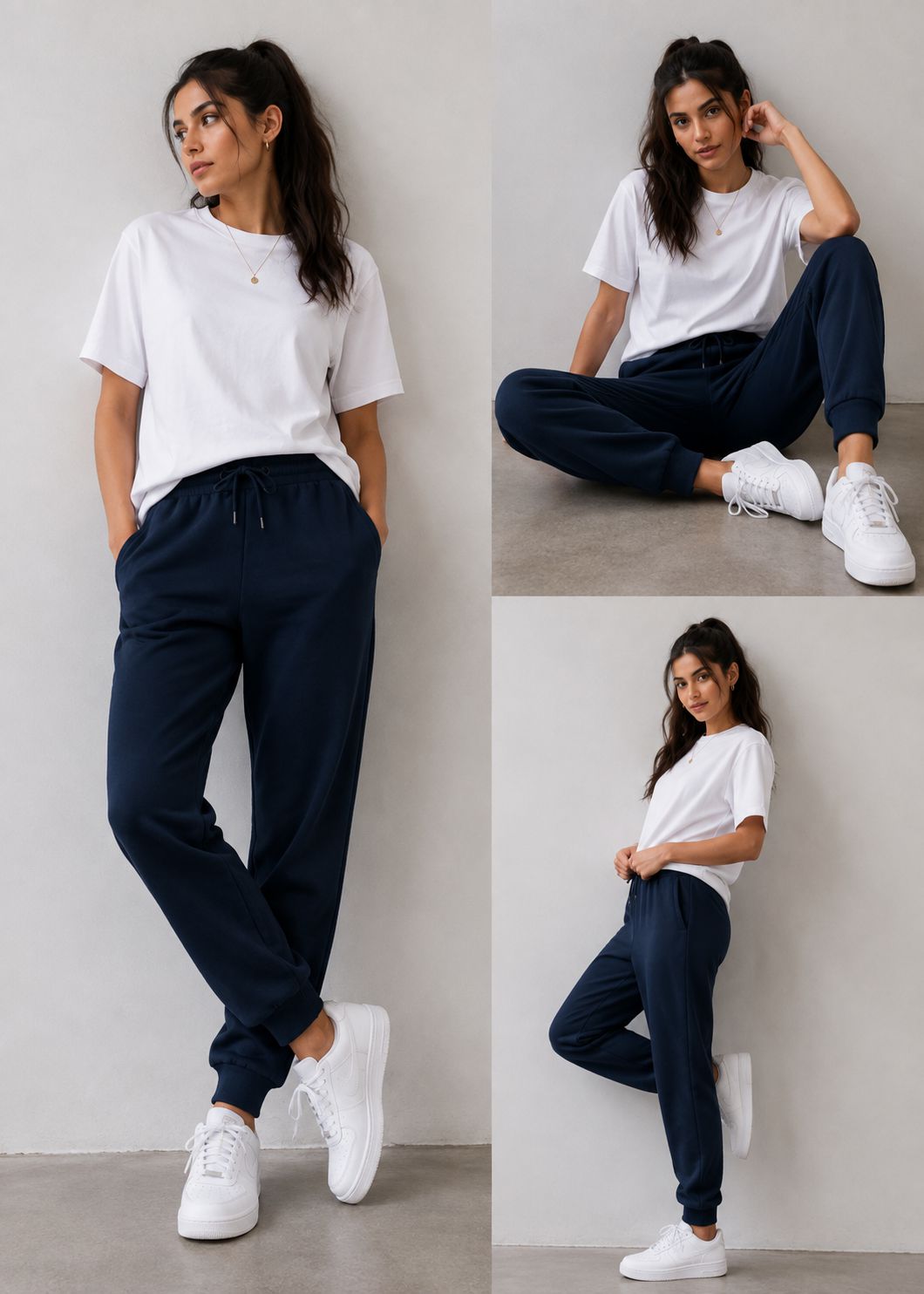 A three-panel lifestyle photo of a woman modeling navy jogger sweatpants with a white t-shirt and white sneakers against a light gray wall.