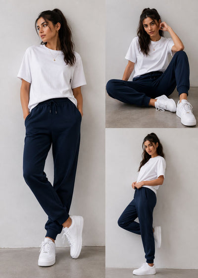 A three-panel lifestyle photo of a woman modeling navy jogger sweatpants with a white t-shirt and white sneakers against a light gray wall.