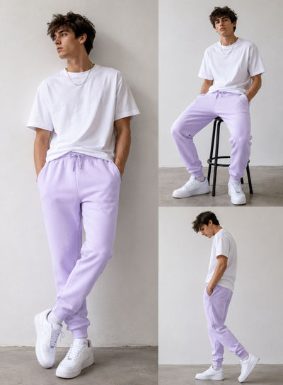 A three-panel lifestyle photo of a young man wearing a white crewneck t-shirt and light purple/lavender jogger sweatpants with white sneakers, posed against a neutral light gray wall.