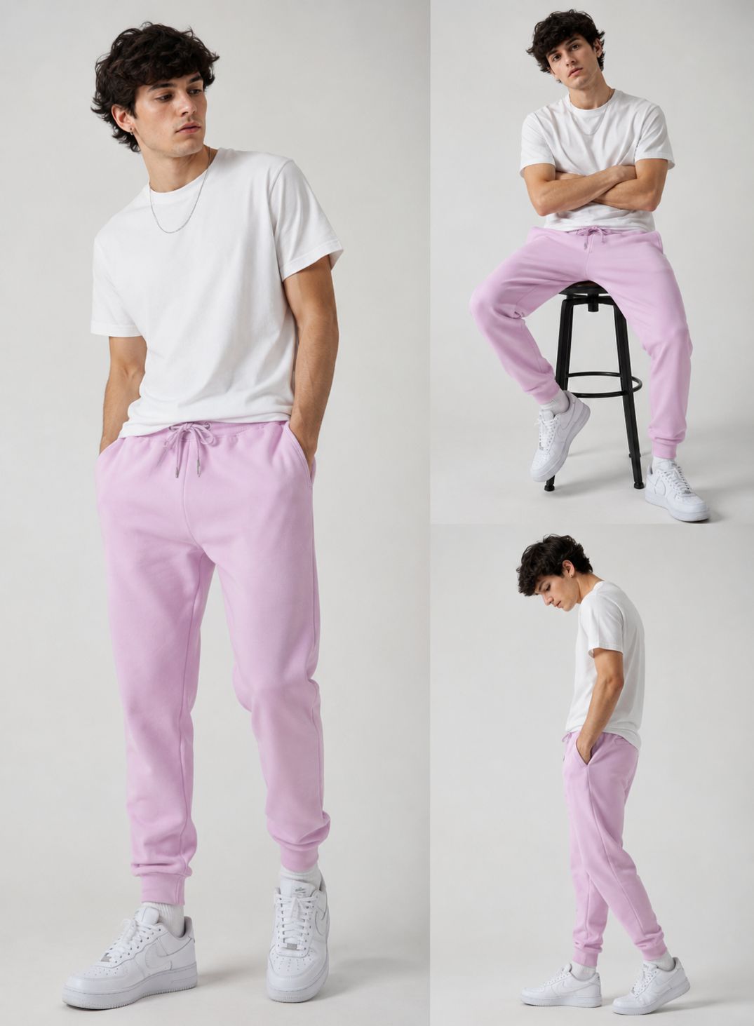 A three-panel lifestyle photo of a young man wearing light pink drawstring sweatpants, a white t-shirt, and white sneakers against a light gray studio background.