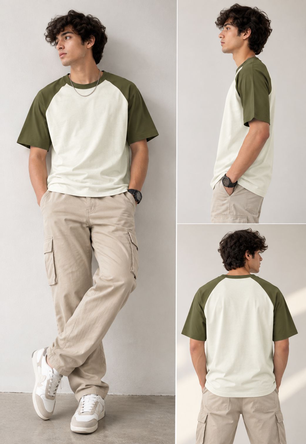 A three-panel model photo showing a man wearing a short-sleeve raglan t-shirt with an off-white body and olive green sleeves, paired with beige cargo pants and white sneakers, against a plain light gray wall.