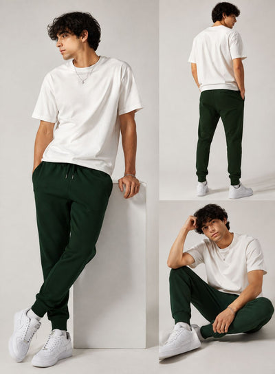 A three-panel model photo showing a man wearing dark green jogger sweatpants with a white t-shirt and white sneakers in a studio setting.