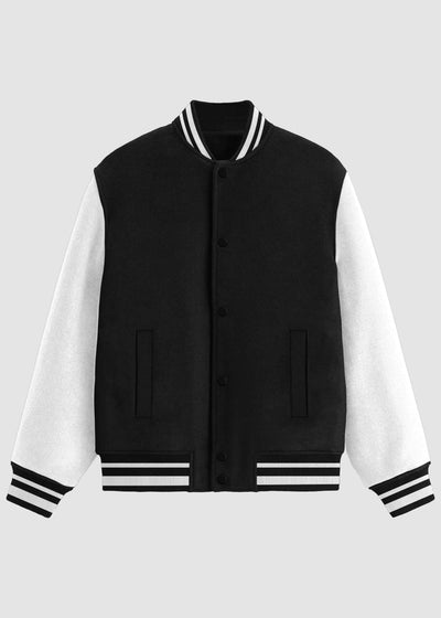 A varsity-style jacket with a black body and white sleeves, featuring striped ribbed collar, cuffs, and hem, shown against a light gray background.
