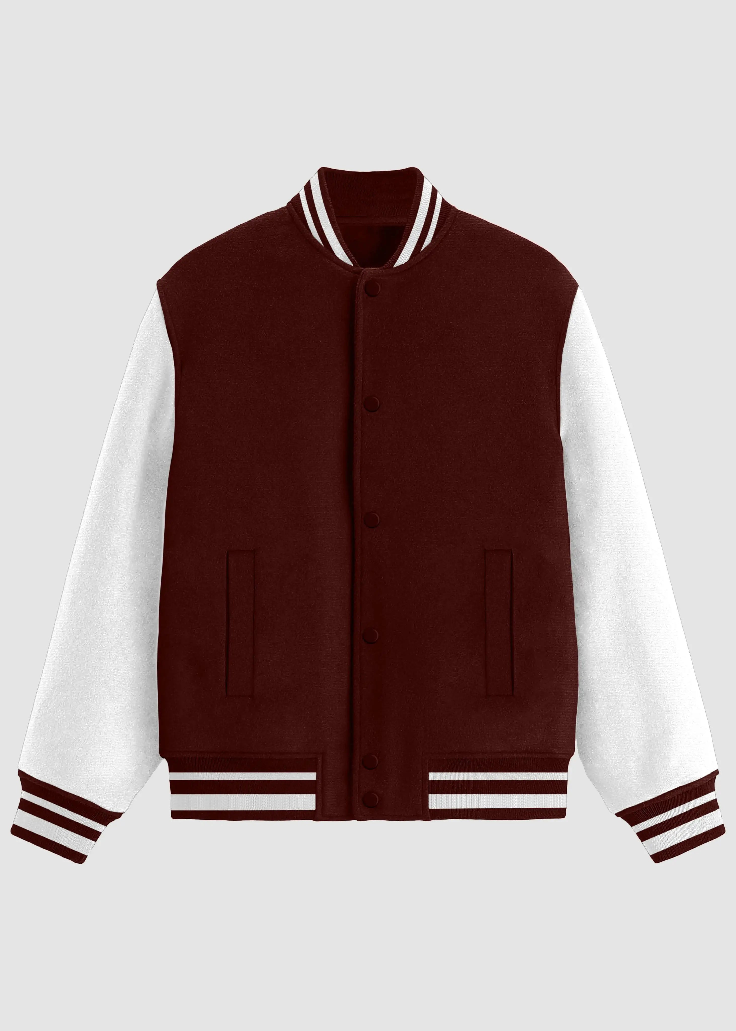 A varsity-style jacket with a dark burgundy body and white sleeves, featuring striped ribbed collar, cuffs, and hem, shown against a light gray background.