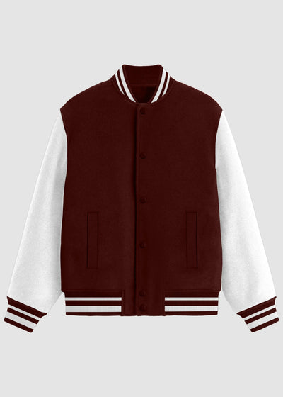 A varsity-style jacket with a dark burgundy body and white sleeves, featuring striped ribbed collar, cuffs, and hem, shown against a light gray background.
