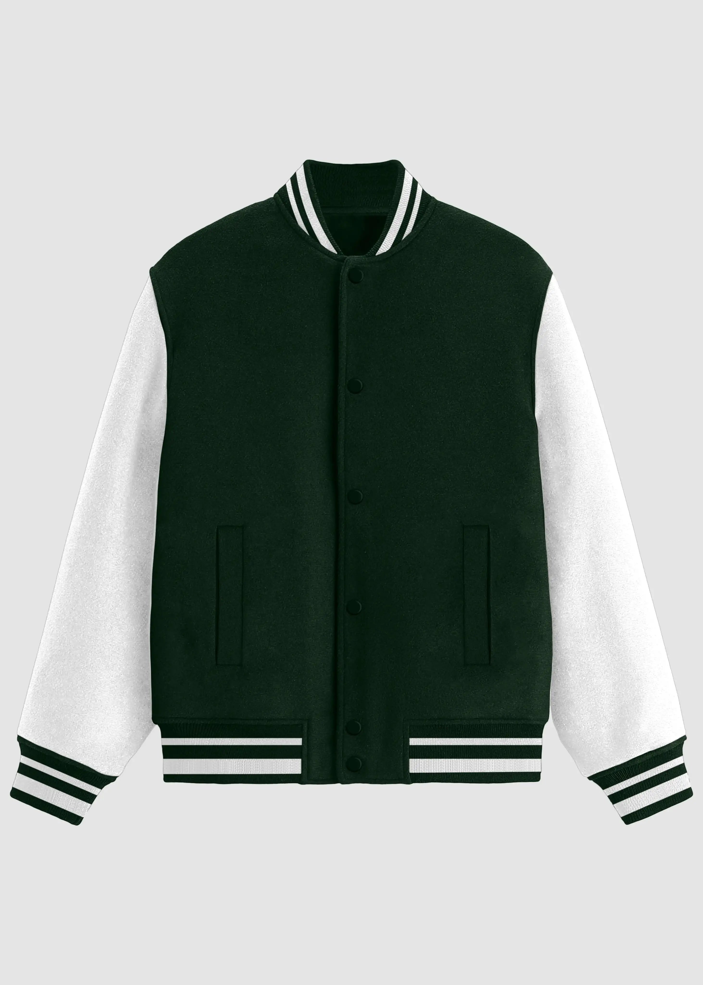 A varsity-style jacket with a dark forest green body and white sleeves, featuring striped ribbed collar, cuffs, and hem, set against a light gray background.