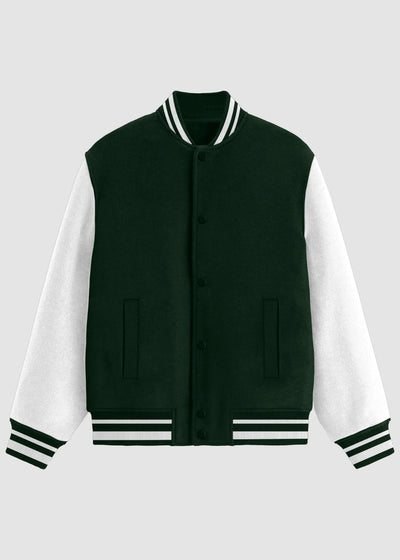 A varsity-style jacket with a dark forest green body and white sleeves, featuring striped ribbed collar, cuffs, and hem, set against a light gray background.