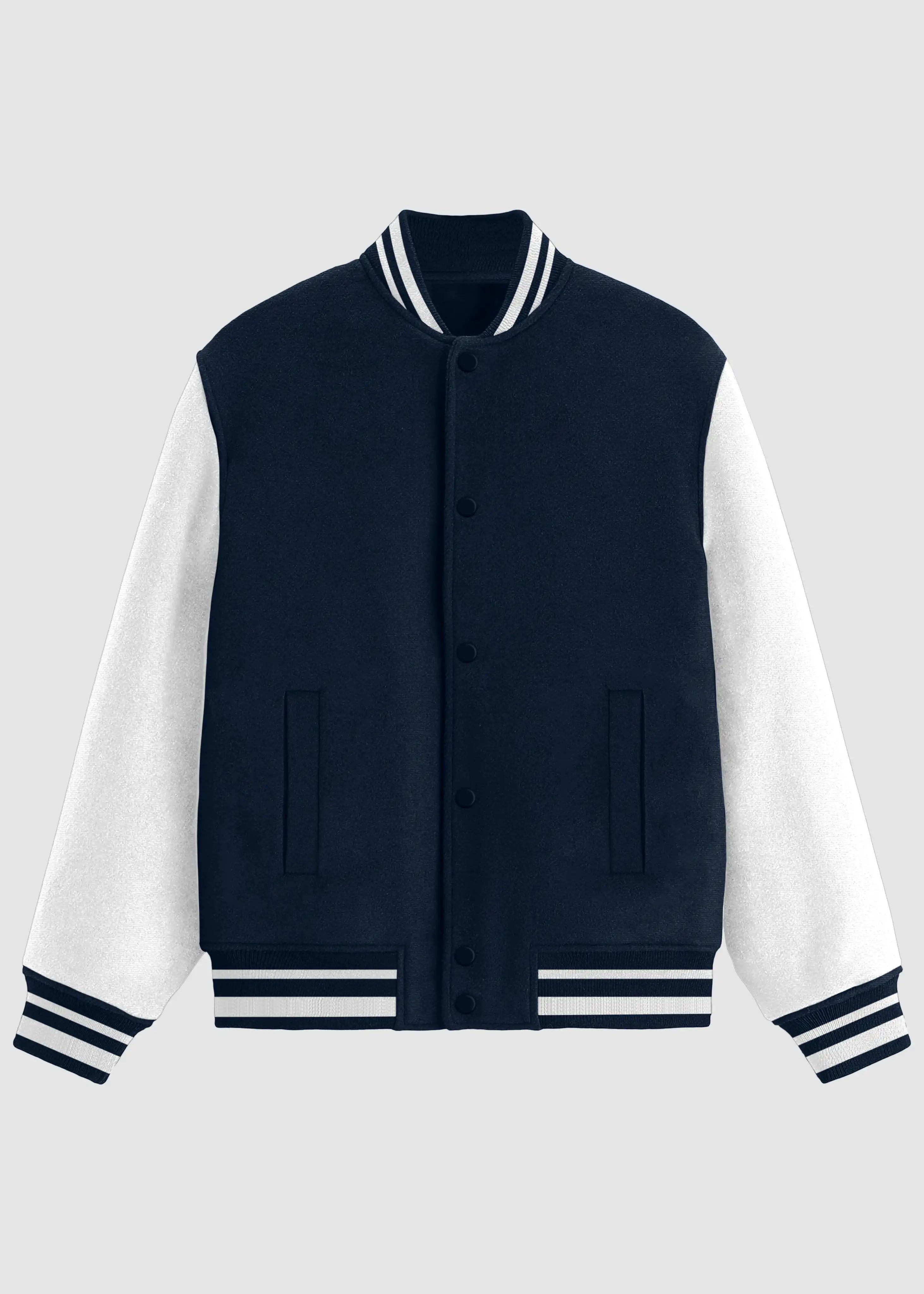 A varsity-style jacket with a dark navy blue body and white sleeves, featuring striped ribbed collar, cuffs, and hem, set against a light gray background.