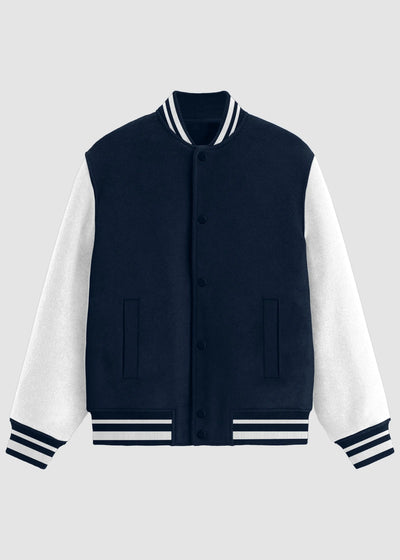 A varsity-style jacket with a dark navy blue body and white sleeves, featuring striped ribbed collar, cuffs, and hem, set against a light gray background.
