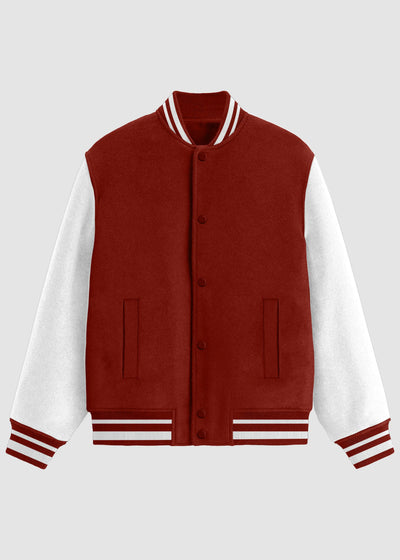 A varsity-style jacket with a deep red body and white sleeves, featuring striped ribbed collar, cuffs, and hem, and a button-front closure.