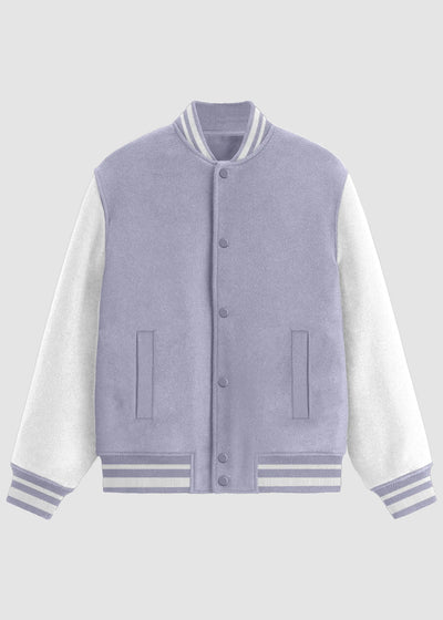 A varsity-style jacket with a light lavender-purple body and white sleeves, featuring striped ribbed collar, cuffs, and hem, and a snap-button front, shown on a light gray background.