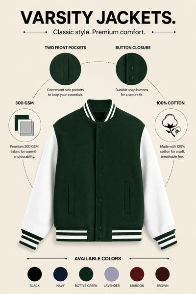 A varsity jacket product infographic on a light beige background. The central jacket is dark green and white with striped ribbed cuffs and collar.