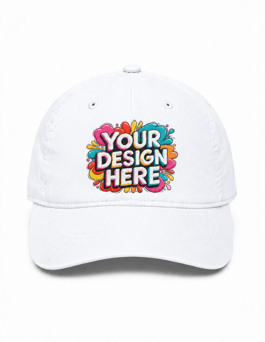 A white baseball cap with a colorful 'YOUR DESIGN HERE' mockup graphic on the front, set against a plain white background.