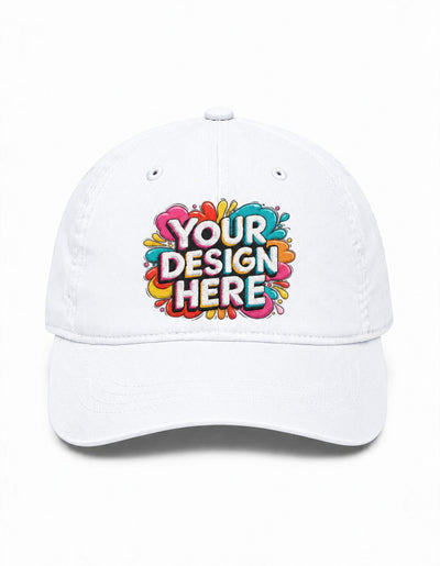 A white baseball cap with a colorful 'YOUR DESIGN HERE' mockup graphic on the front, set against a plain white background.