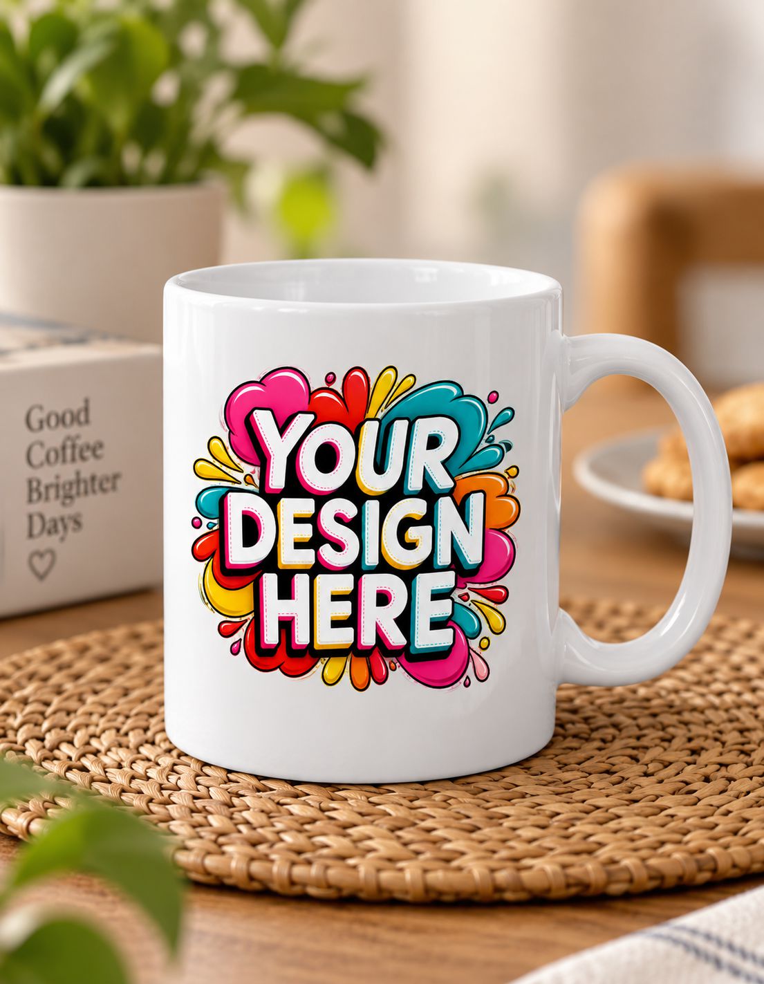 A white ceramic mug with a colorful 'YOUR DESIGN HERE' graphic on the front, placed on a woven placemat on a wooden table with a blurred background showing a plant and cookies.