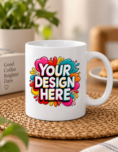 A white ceramic mug with a colorful 'YOUR DESIGN HERE' graphic on the front, placed on a woven placemat on a wooden table with a blurred background showing a plant and cookies.