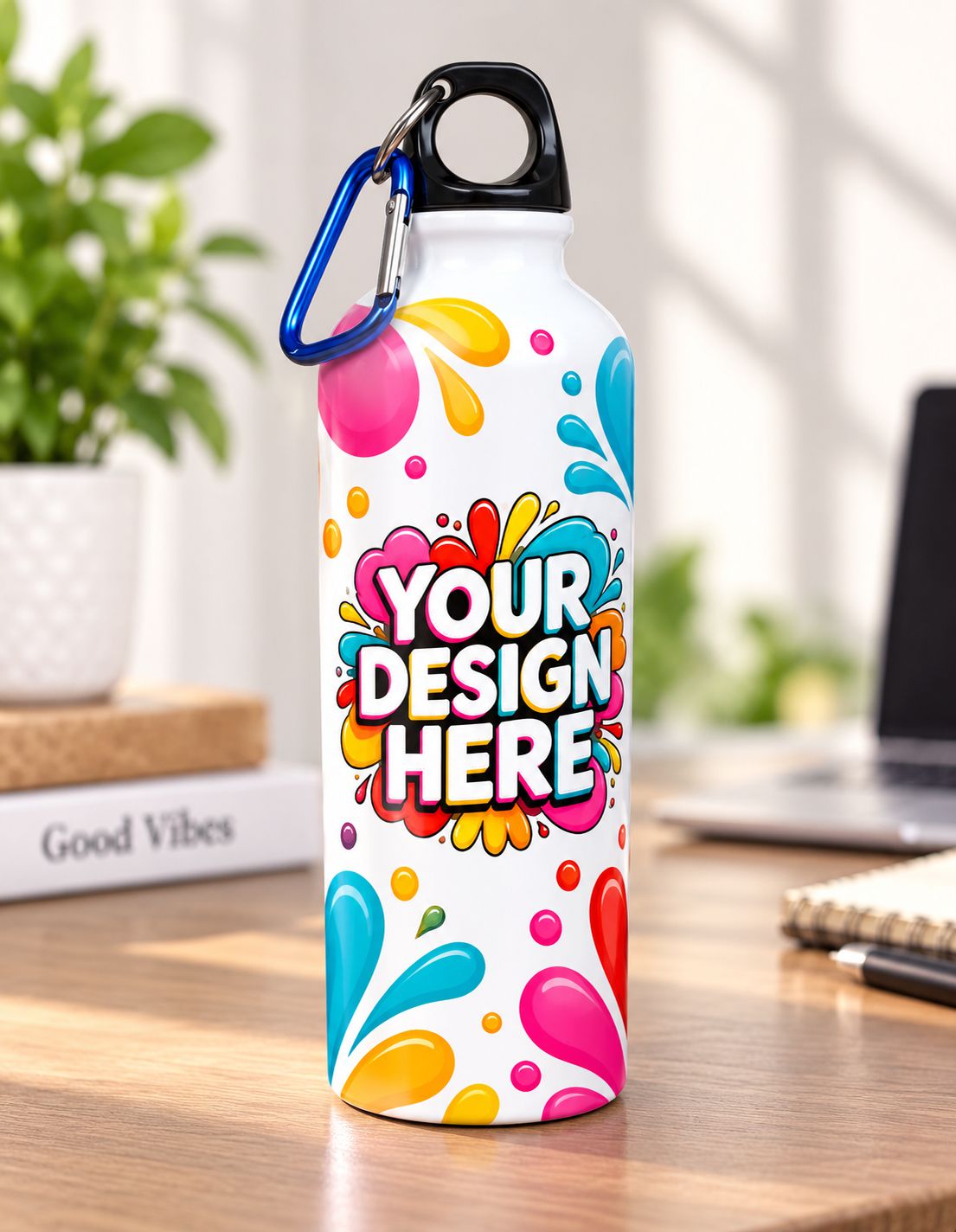 A white insulated water bottle with a colorful paint splatter design and the text 'YOUR DESIGN HERE' on the front, standing on a wooden desk with a blurred plant and laptop in the background.