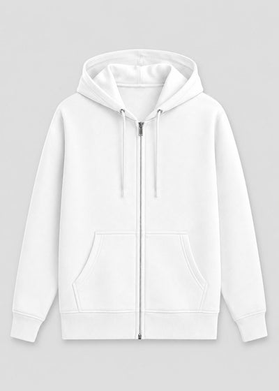 A white zip-up hoodie with a drawstring hood and kangaroo pockets, shown flat against a light gray background.
